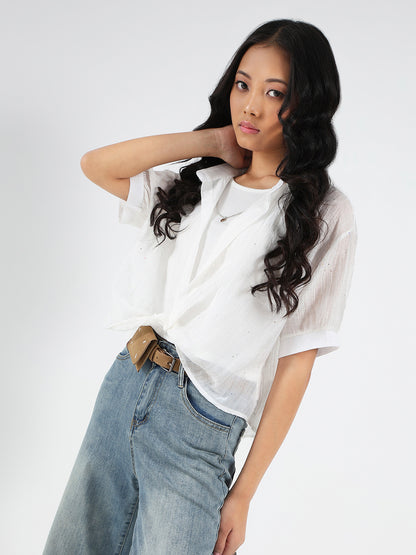 Tencel Nylon Studded Oversized Shirt with tank top and necklace