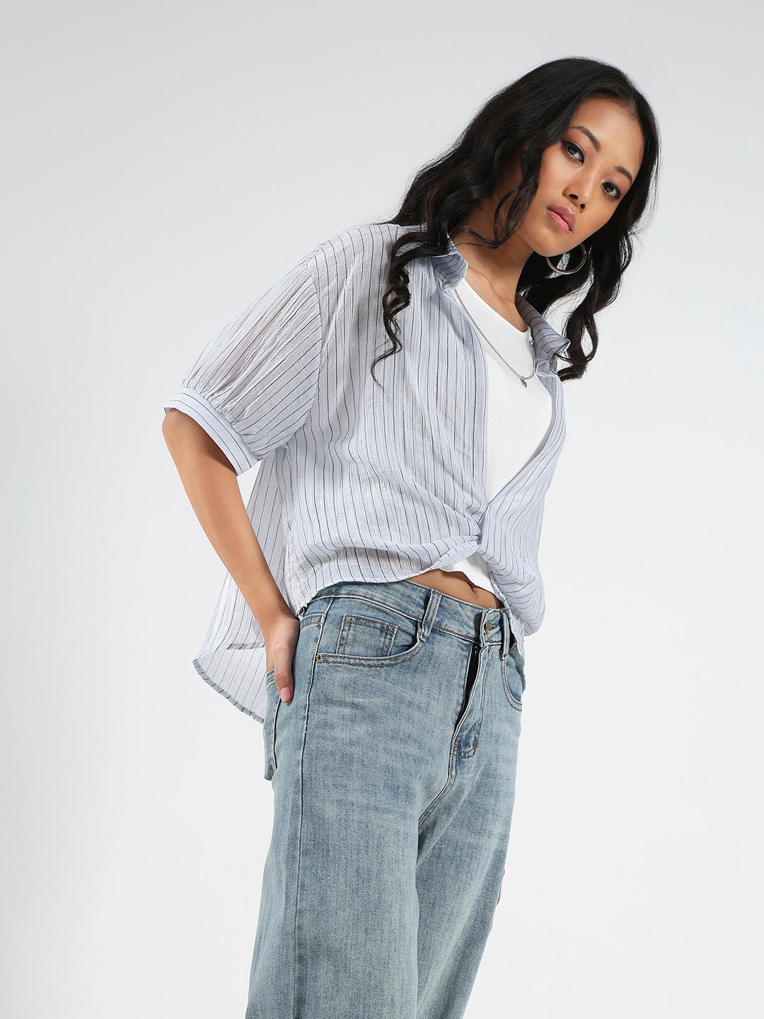 Blue & White Striped  Oversized Top with inner tank top and necklace