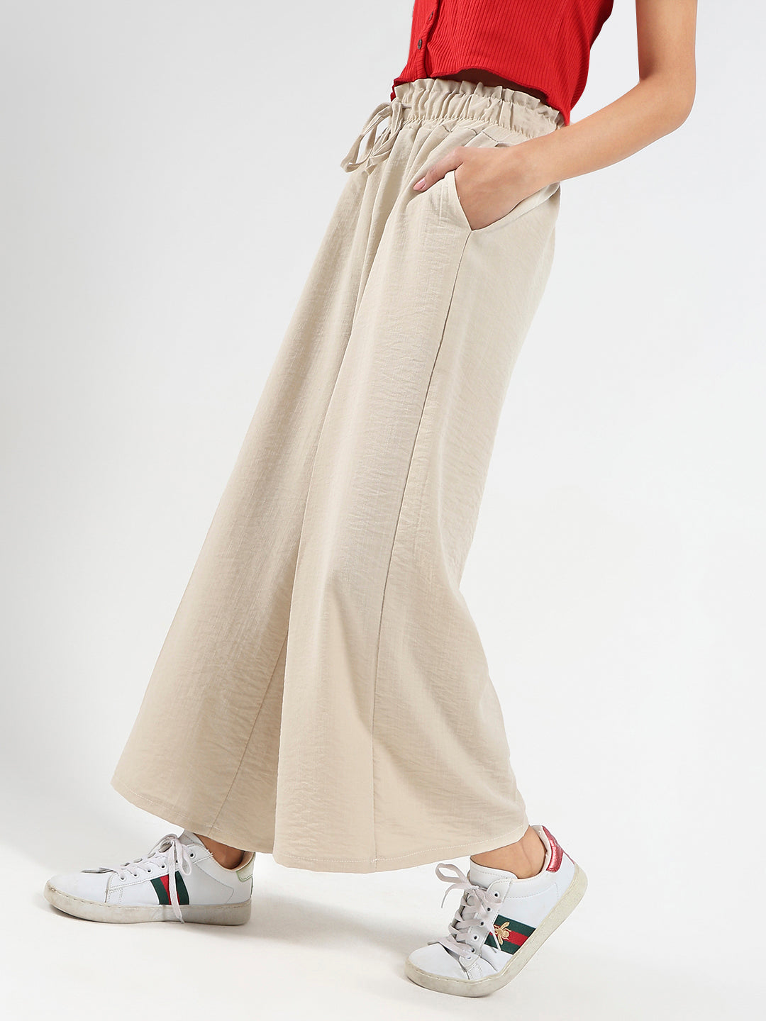 Beige Cotton Nylon Wide Leg Casual Trouser