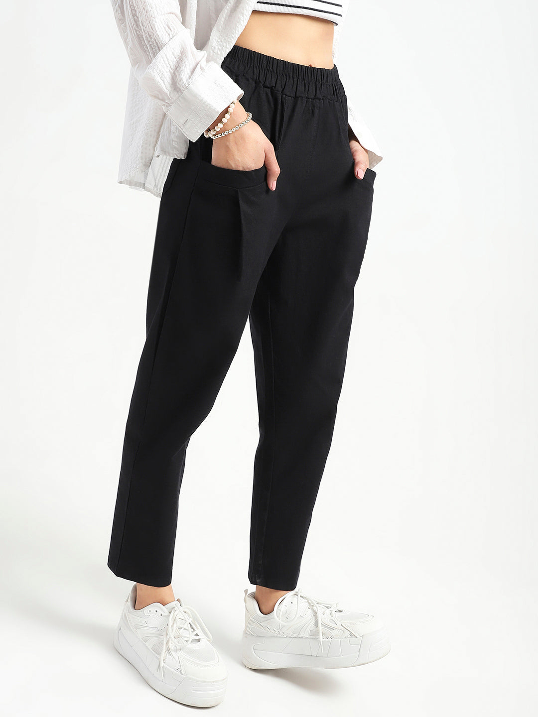 Black Cotton Nylon Stylish Casual Trouser