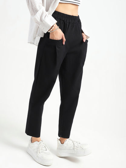 Black Cotton Nylon Stylish Casual Trouser