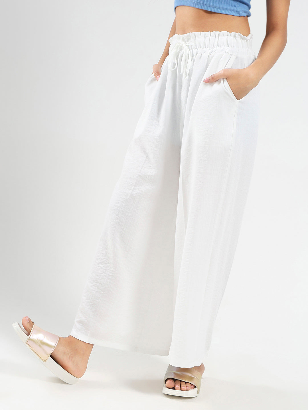 White Cotton Nylon Wide Leg Casual Trouser