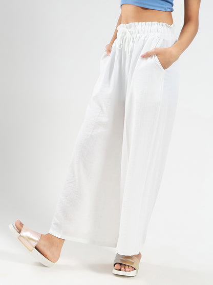White Cotton Nylon Wide Leg Casual Trouser