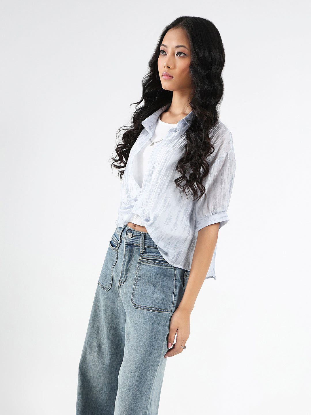 Light Blue Tencel Nylon Oversized Shirt with tank top and Necklace
