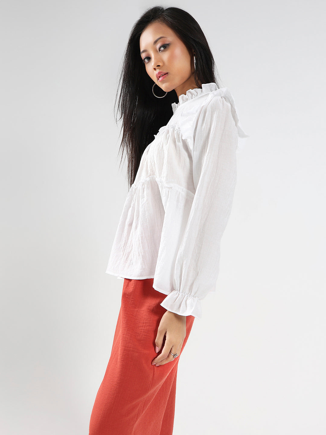 White Ruffled Tiered Long Sleeve Flowy Top