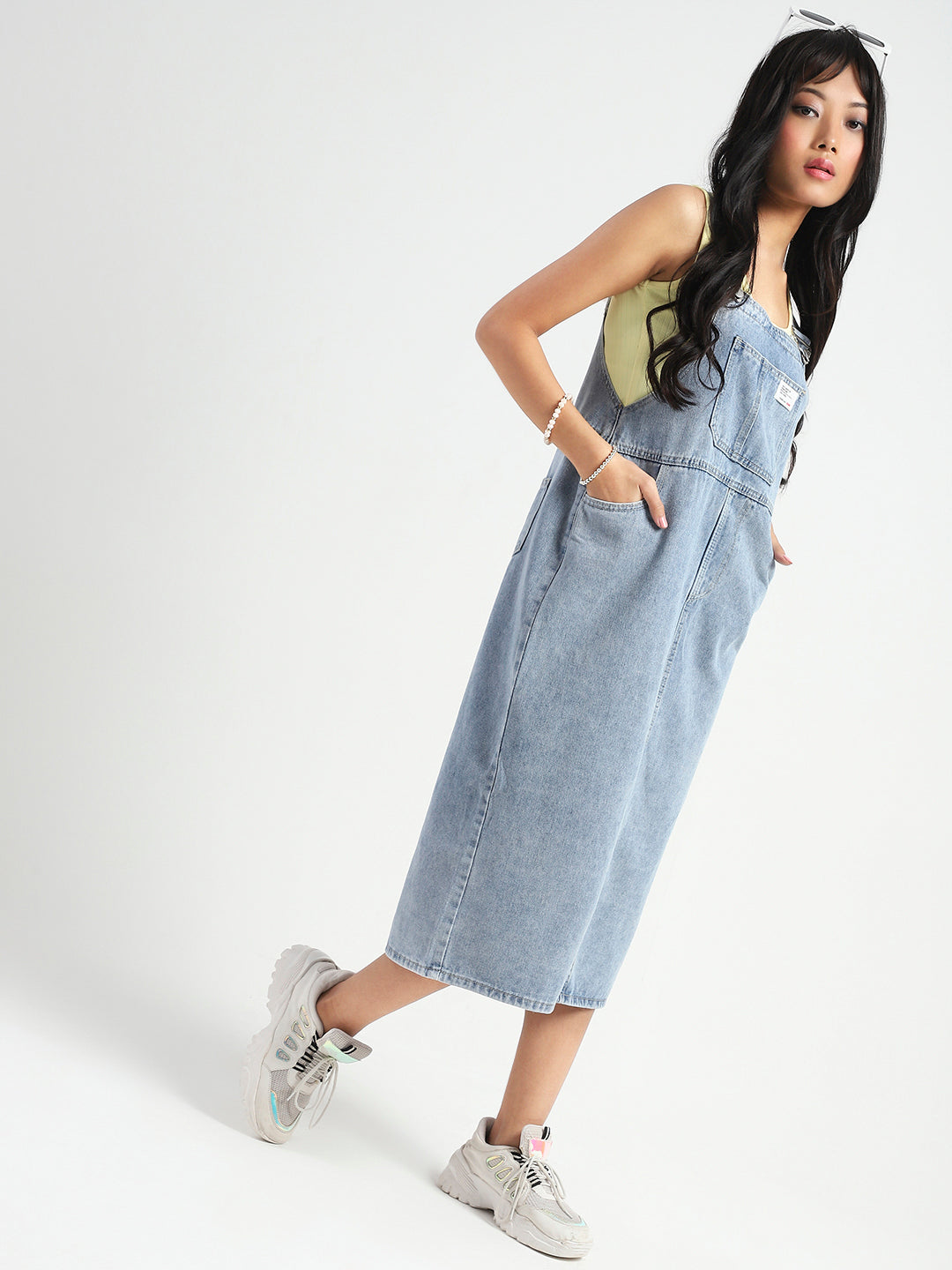Women Blue back slit Midi Dungaree
