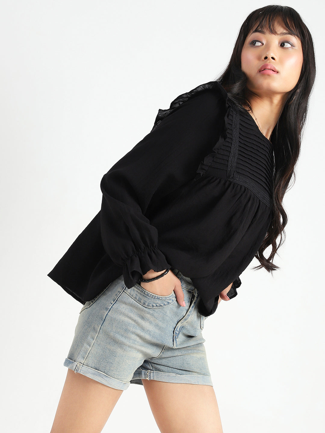 Black Pleated Yoke Ruffle Top