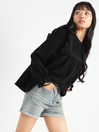 Black Pleated Yoke Ruffle Top