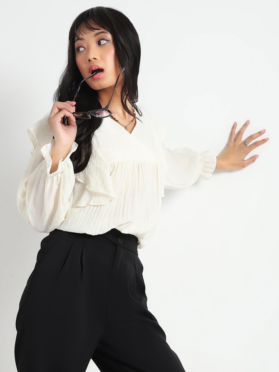 Offwhite Cotton Nylon Ruffle Top