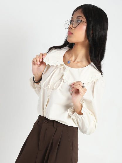 Offwhite Peter Pan Collar OverSize Shirt with Floral Lace