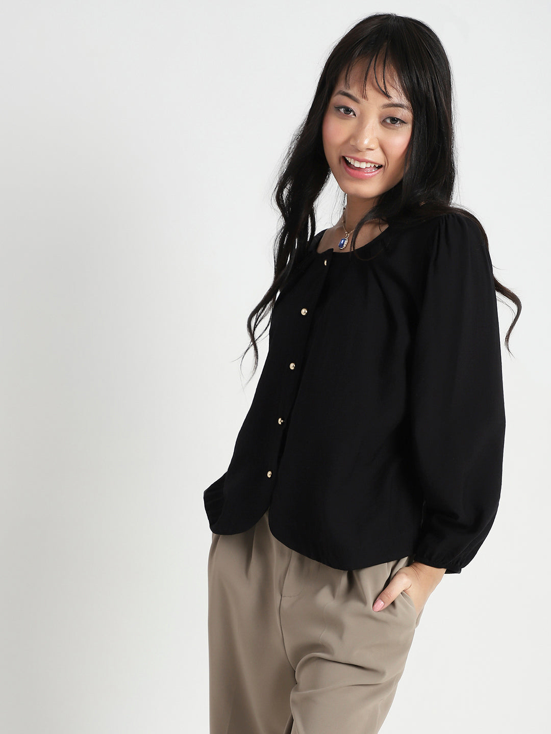 Black Cotton Nylon Puff Sleeve Top