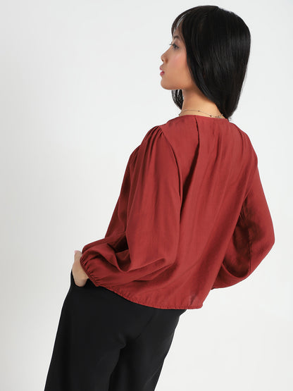 Rust Cotton Nylon Puff Sleeve Top
