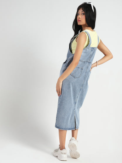 Women Blue back slit Midi Dungaree