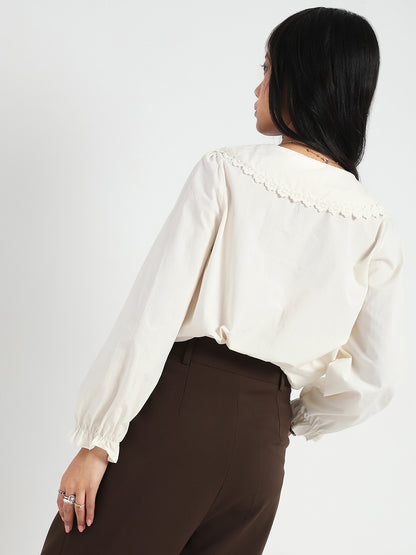 Offwhite Peter Pan Collar OverSize Shirt with Floral Lace