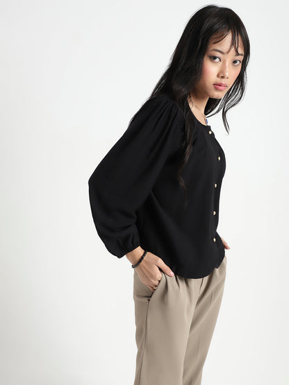 Black Cotton Nylon Puff Sleeve Top
