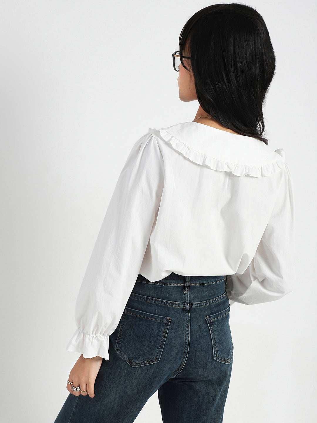 White Embriodered Peter Pan Collar OverSize Shirt with Floral Lace