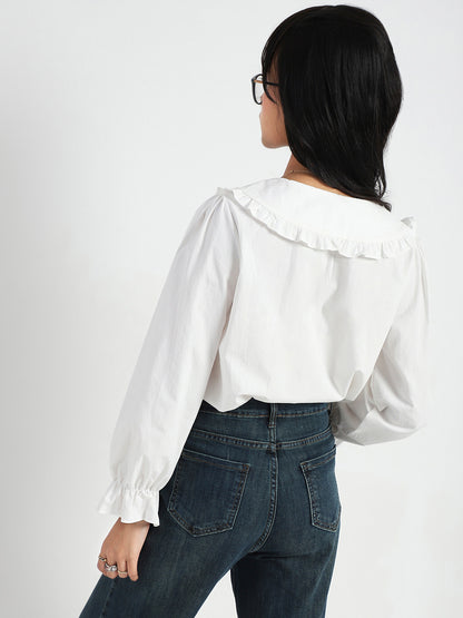 White Embriodered Peter Pan Collar OverSize Shirt with Floral Lace