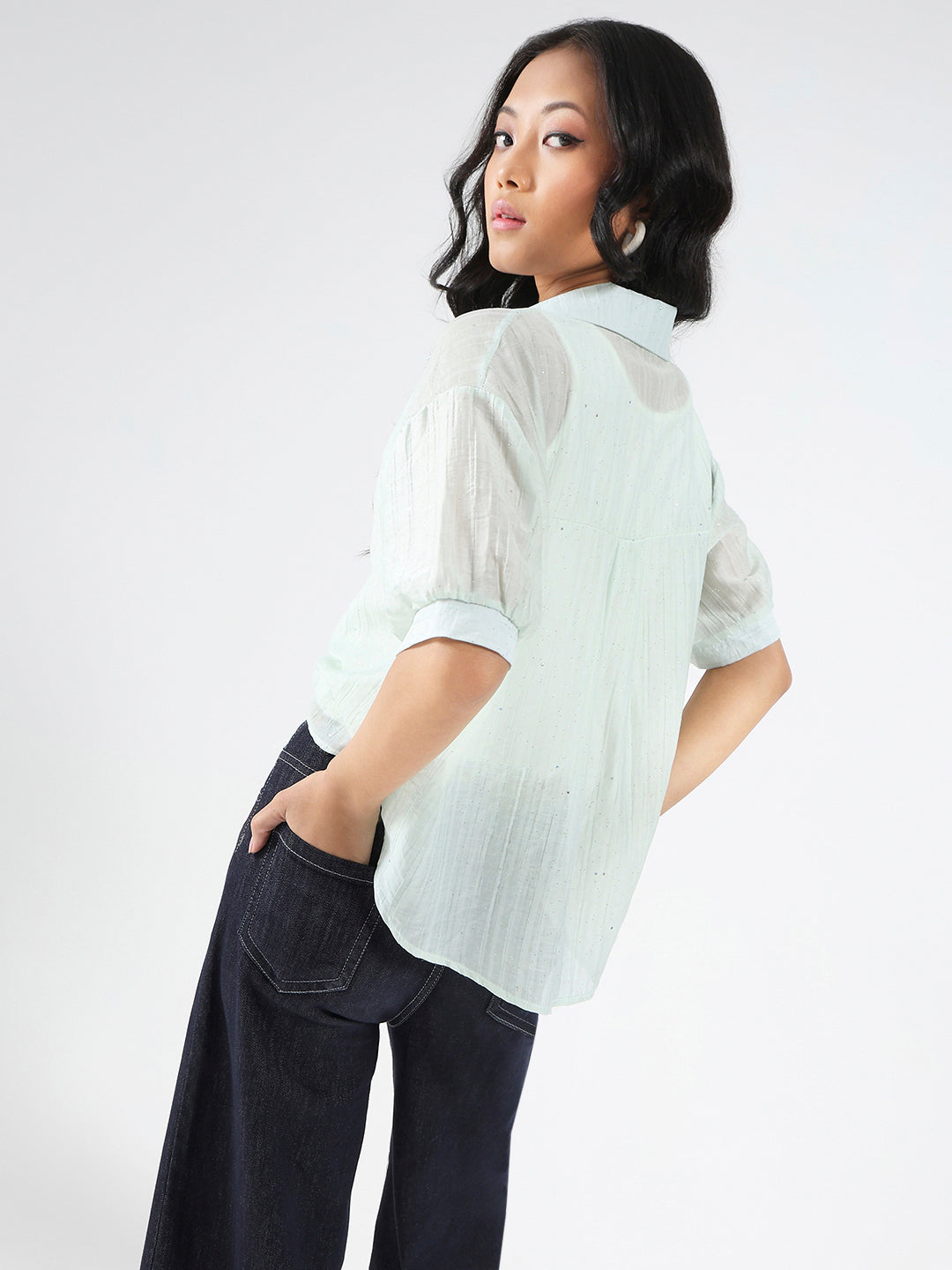 Tencel Nylon Studded Oversized Shirt with tank top and necklace