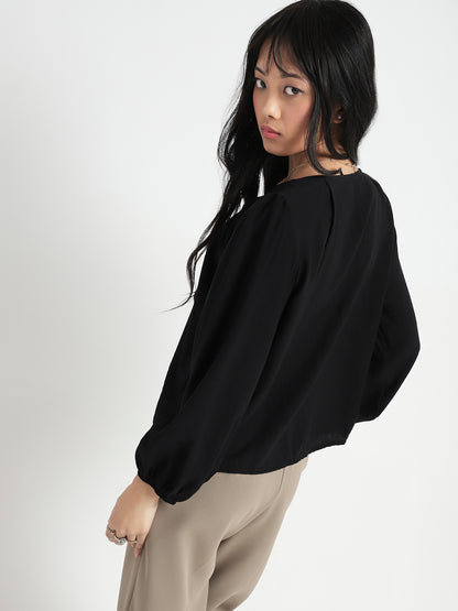 Black Cotton Nylon Puff Sleeve Top