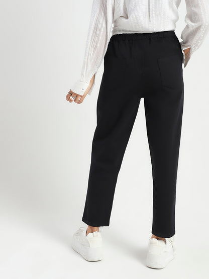 Black Cotton Nylon Stylish Casual Trouser