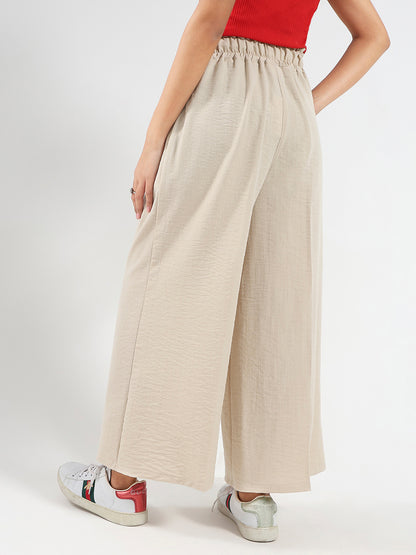 Beige Cotton Nylon Wide Leg Casual Trouser