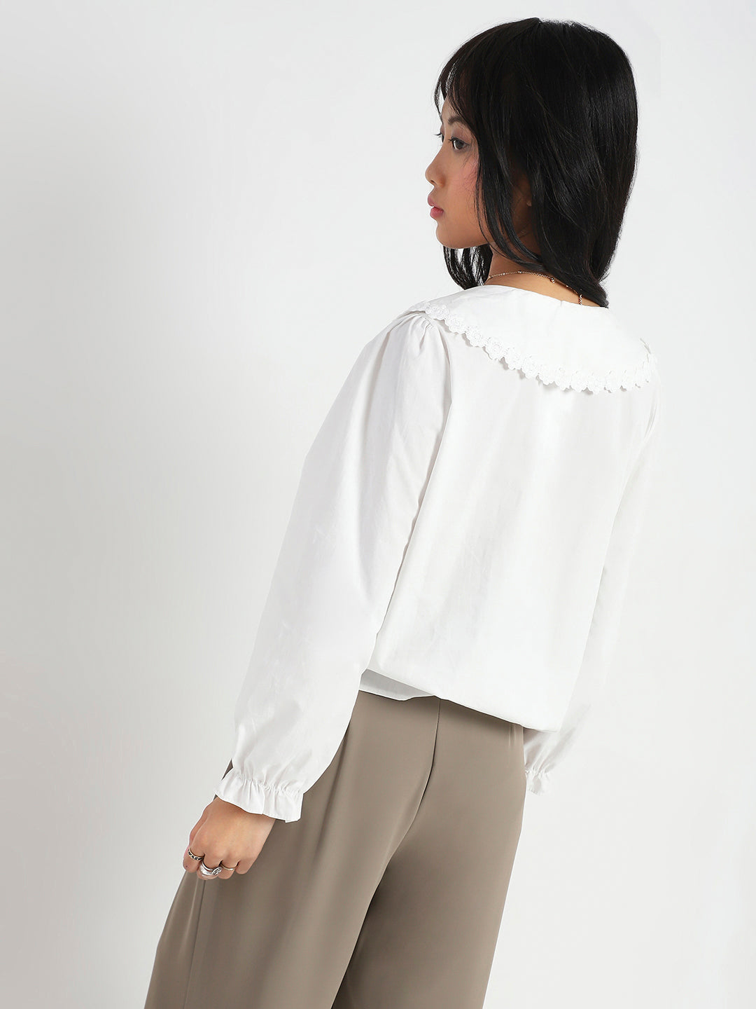 White Peter Pan Collar OverSize Shirt with Floral Lace