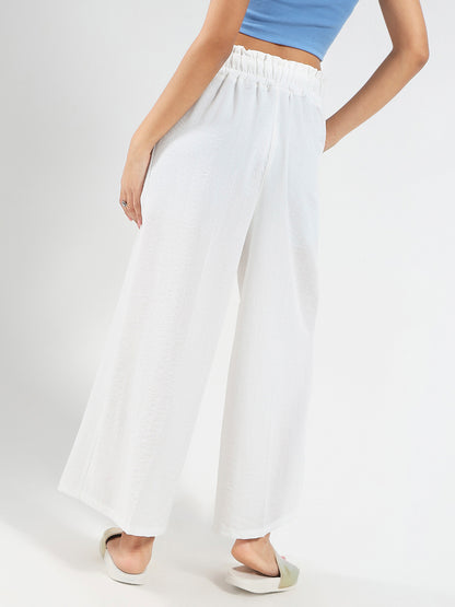 White Cotton Nylon Wide Leg Casual Trouser