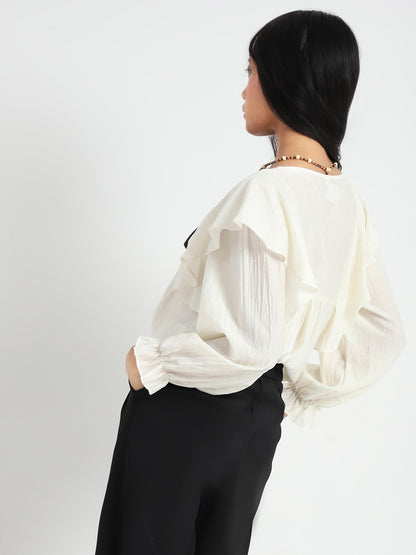 Offwhite Cotton Nylon Ruffle Top