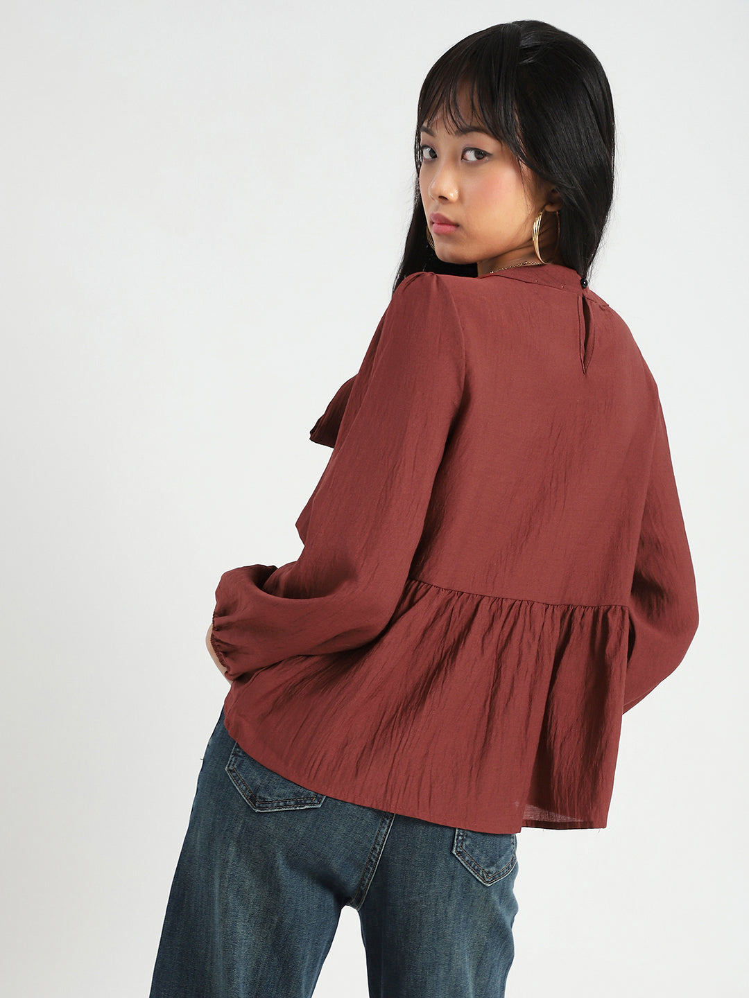 Rust Bow Tie Peplum Stylish Top