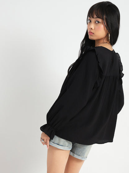 Black Pleated Yoke Ruffle Top