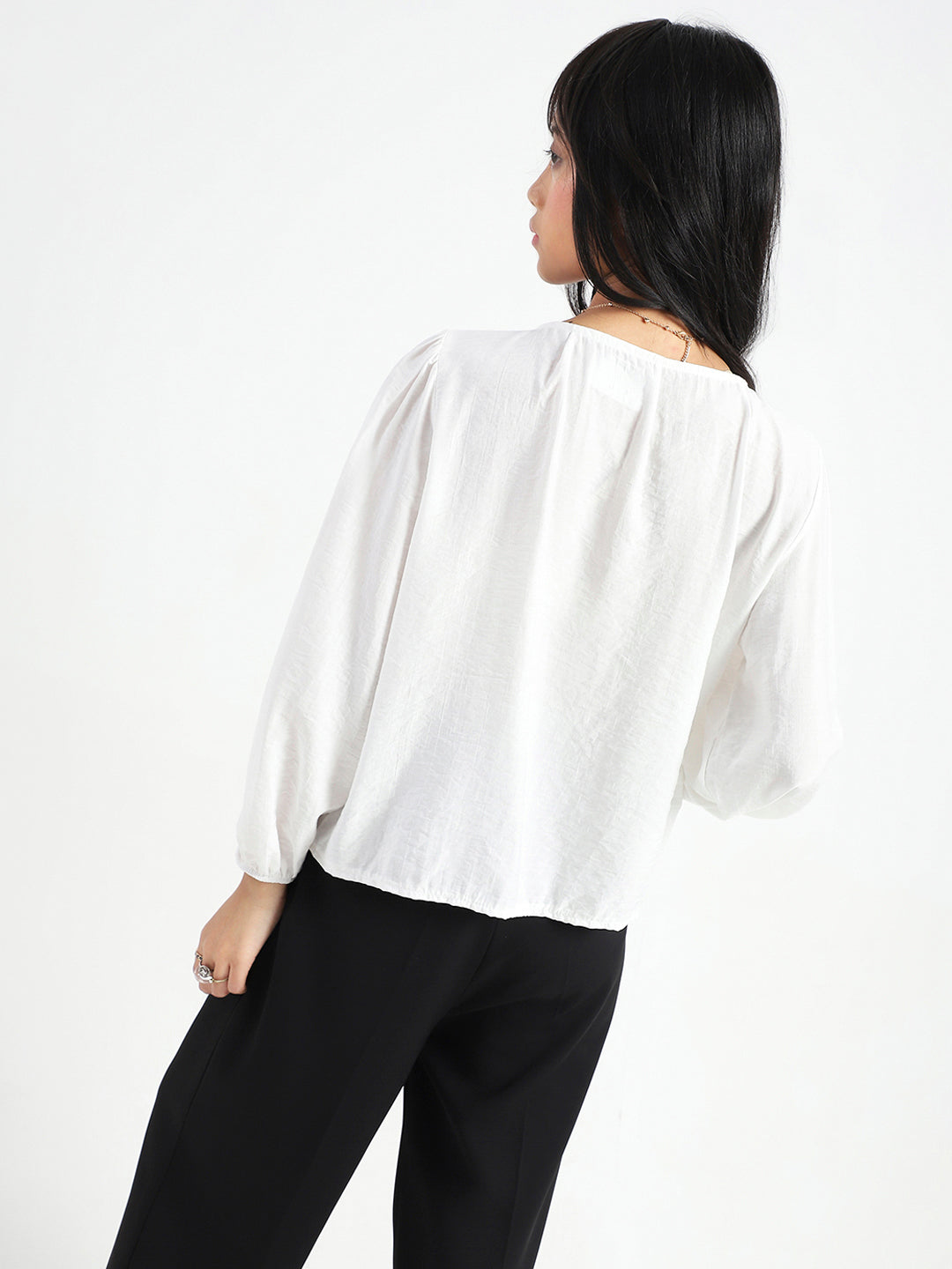 White Cotton Nylon Puff Sleeve Top