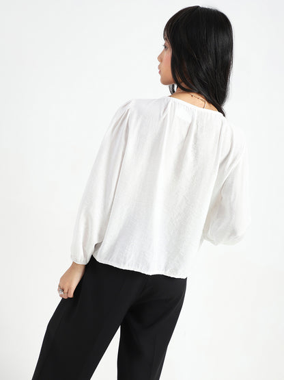 White Cotton Nylon Puff Sleeve Top