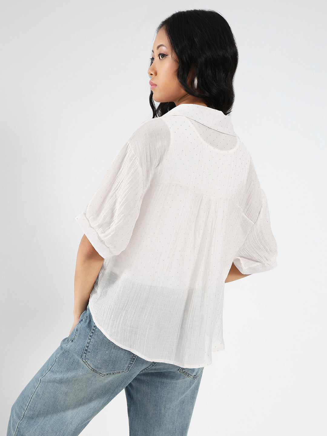 Tencel Nylon Studded Oversized Shirt with tank top and necklace