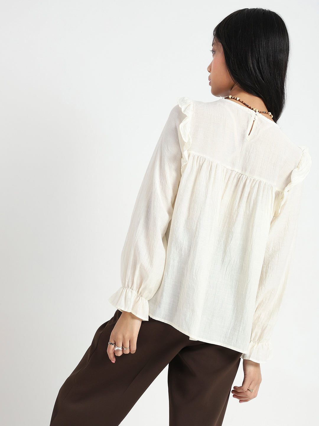 Off-White Pleated Yoke Ruffle Top