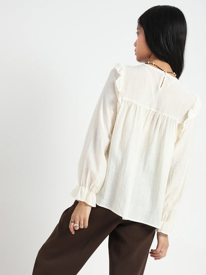 Off-White Pleated Yoke Ruffle Top