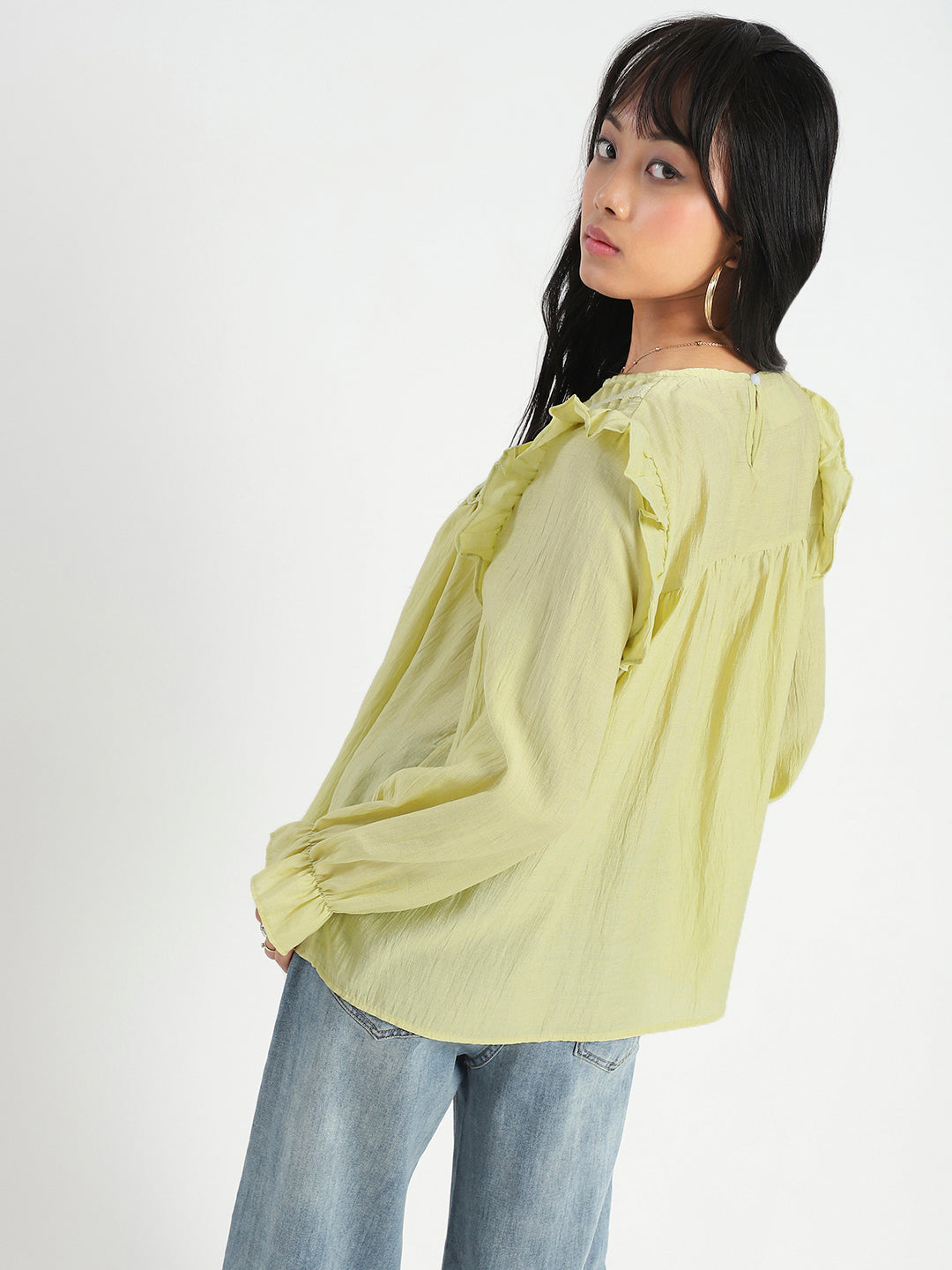 Lime Green Pleated Yoke Ruffle Top
