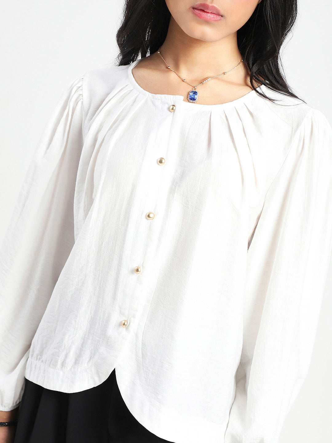 White Cotton Nylon Puff Sleeve Top