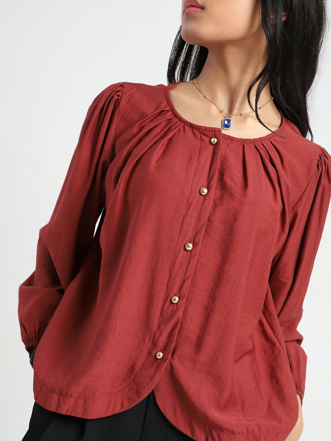 Rust Cotton Nylon Puff Sleeve Top
