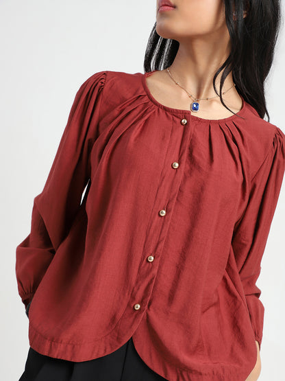 Rust Cotton Nylon Puff Sleeve Top