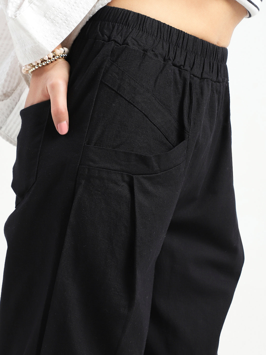 Black Cotton Nylon Stylish Casual Trouser