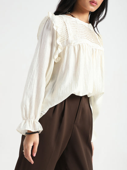 Off-White Pleated Yoke Ruffle Top