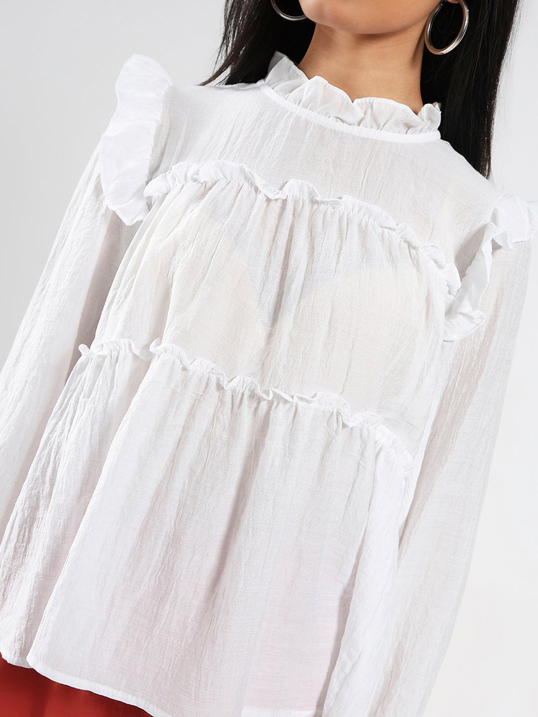 White Ruffled Tiered Long Sleeve Flowy Top