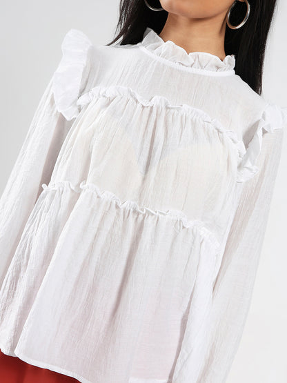 White Ruffled Tiered Long Sleeve Flowy Top