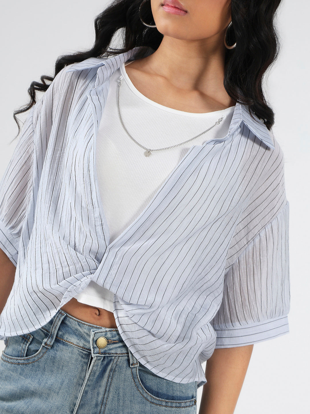 Blue & White Striped  Oversized Top with inner tank top and necklace