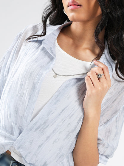Light Blue Tencel Nylon Oversized Shirt with tank top and Necklace