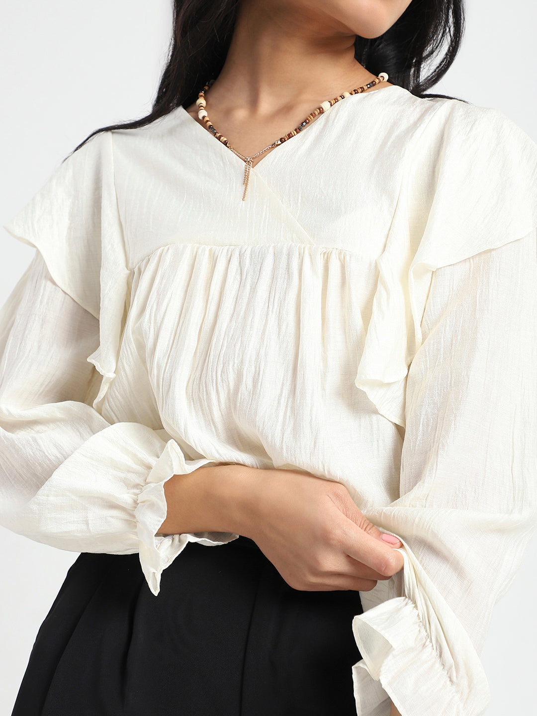 Offwhite Cotton Nylon Ruffle Top
