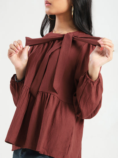 Rust Bow Tie Peplum Stylish Top