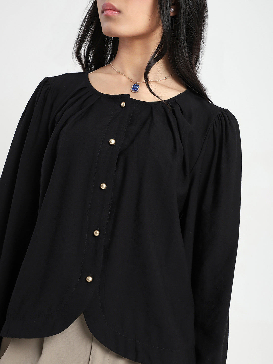 Black Cotton Nylon Puff Sleeve Top