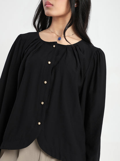 Black Cotton Nylon Puff Sleeve Top