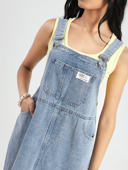 Women Blue back slit Midi Dungaree